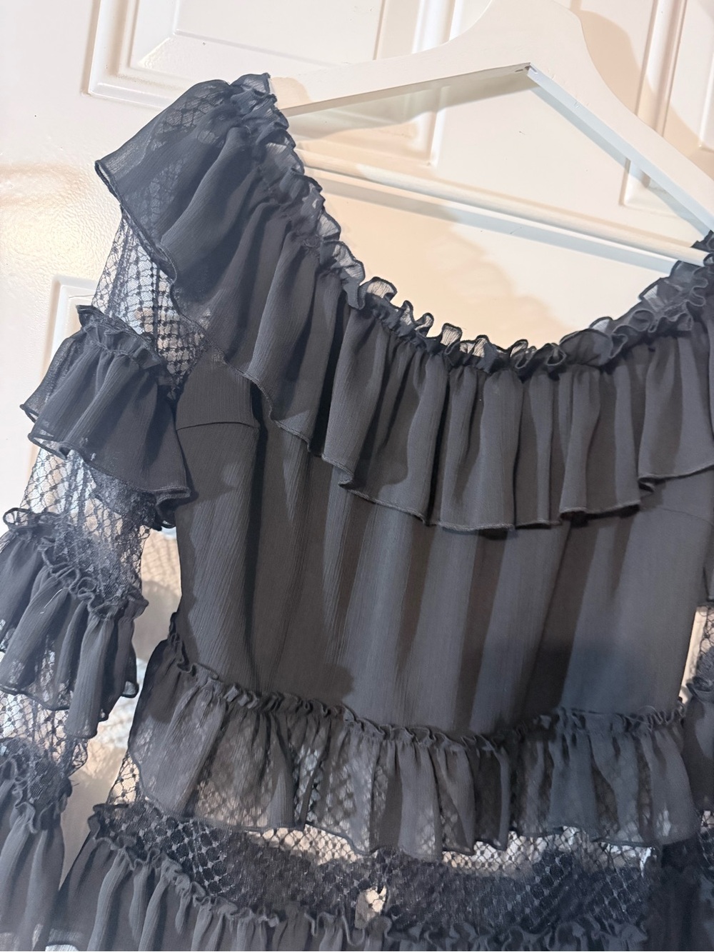Lulumari Black Ruffle Off-Shoulder Mesh Sleeve Blouse - Picture 3 of 8